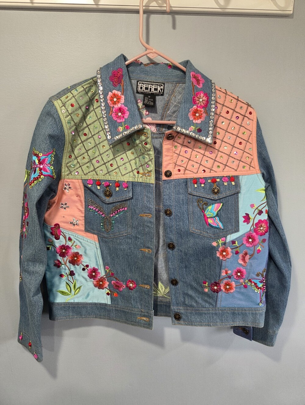 Funky Jean Jacket Berek Takako Sakon Medium Embroidered Butterfly Flowers